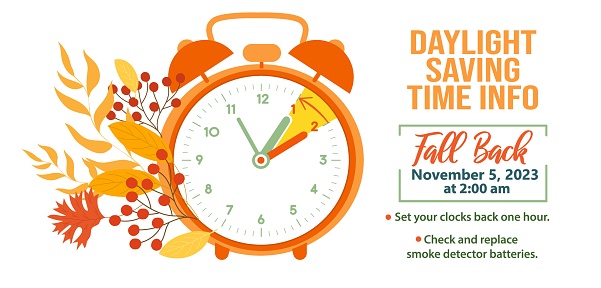 Fall Back. Daylight saving time ends 5 november 2023 info banner. Simple banner with alarm clock and information abouth chanhing time. Clock change back one hour. Reminder schedule. USA, Canada