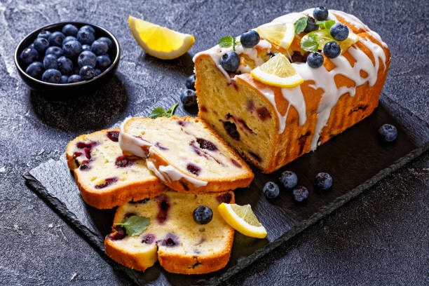 Lemon Blueberry Bread with Lemon Glaze, top view stock photo