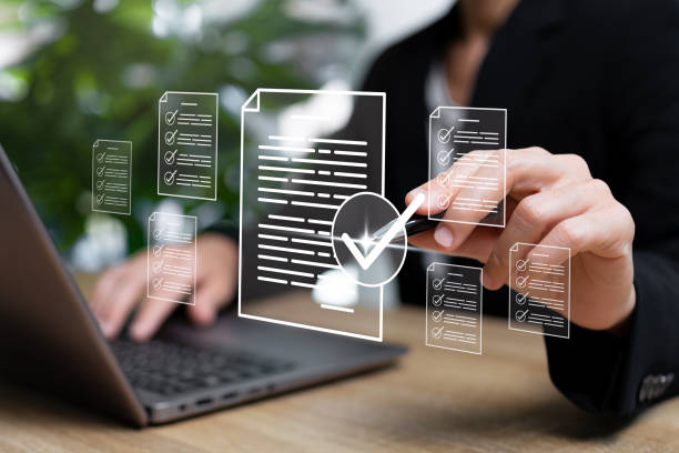 istock Document management and certificate documents concept, Businesswomen confirm certificate documents online of products and checklist on document online, Efficiently document paperless operate system 1695575347