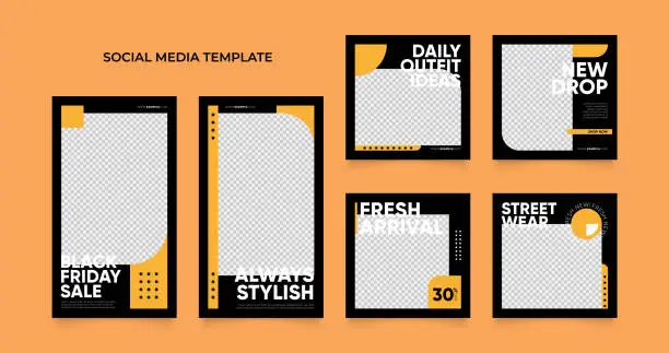Vector illustration of social media template banner blog fashion sale promotion. fully editable square post frame puzzle organic sale poster. fresh yellow black friday orange element shape vector background