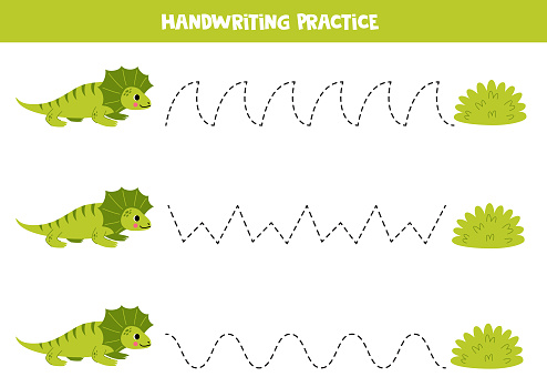 Tracing lines for kids. Cute frilled neck lizard and bush. Handwriting practice for children.