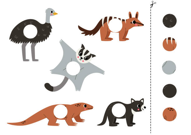 Cut and glue parts of cute Australian animals. Cut and glue game for kids with Australian animals. Cutting practice for preschoolers. komodo dragon drawing stock illustrations