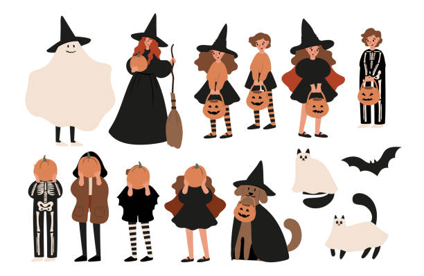 ilustrações de stock, clip art, desenhos animados e ícones de set of happy halloween illustrations, characters in costume vector clipart, kids witch ghost skeleton pet cat dog pumpkin face bat spider, flat style images. - witch halloween cauldron bat