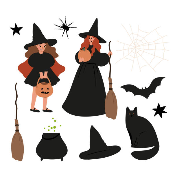 ilustrações de stock, clip art, desenhos animados e ícones de set of happy halloween illustrations, characters in costume vector clipart, kids witch ghost skeleton pet cat dog pumpkin face bat spider, flat style images. - witch halloween cauldron bat