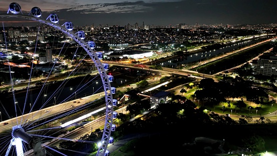 Night Scape Landmark Ferris Wheel at Downtown Sao Paulo Brazil.