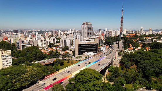 Colorful Sumare viaduct at downtown Sao Paulo Brazil. Stunning landscape of tourism landmark avenue of city. Urban aerials.