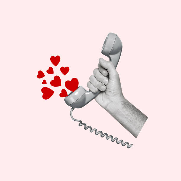 Creative modern art collage of a hand holding a retro phone and hearts. Creative modern art collage of a hand holding a retro phone and hearts. Modern design. Holidays and love concepts. Women's Day, Valentine's Day. Greeting card. Copy space. telephone line art stock pictures, royalty-free photos & images