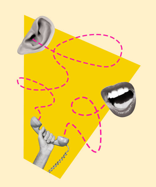istock Creative modern art collage of a hand holding a retro phone, ear and lips. 1695591656