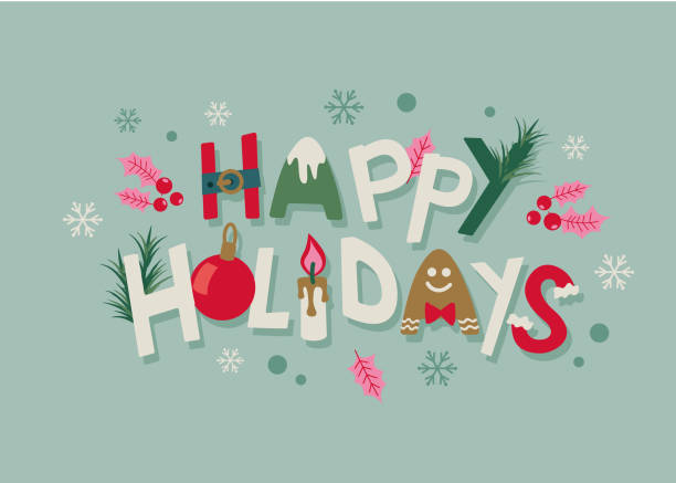 Happy Holidays. two lines. Lettering with christmas icons. Vector illustration. Flat design banner with ornaments. december calligraphy stock illustrations