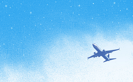 Stipple illustration of Airplane, night sky and stars
