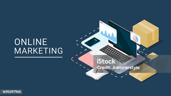 istock online marketing, online shopping with laptop, product shipping packing, online shipping, graph analysis, online delivery, smartphone, mobile phone, packaging. vector illustration 1695597965