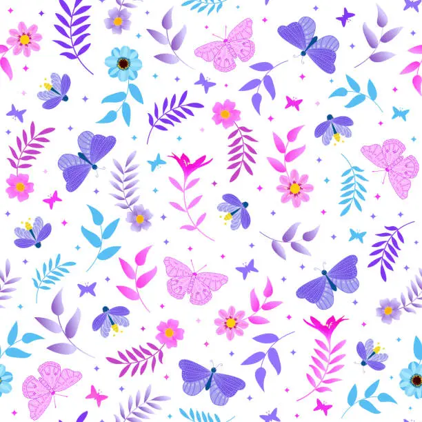 Vector illustration of ditsy floral print. blue pink butterfly and firefly botanical seamless pattern. flower garden pattern.