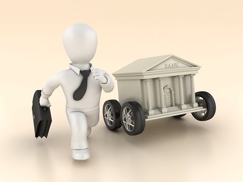 Bank Building with wheels and Business Character Running - Color Background - 3D Rendering