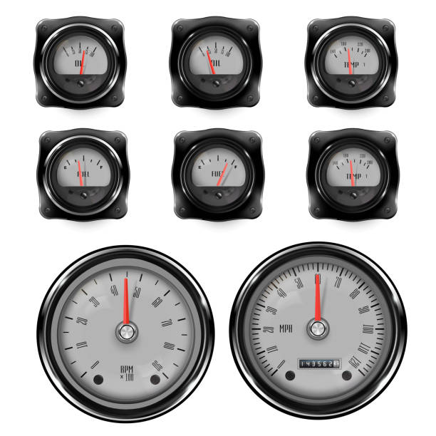 ilustrações de stock, clip art, desenhos animados e ícones de dashboard of a retro car with arrow indicators. vintage transport decoration - collectors car dashboard odometer mode of transport