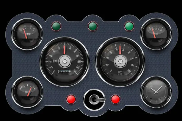 Vector illustration of Dashboard of a retro car with arrow indicators. Vintage transport decoration