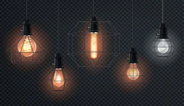 Vector illustration of Realistic retro light bulbs set. Decorative vintage design edison lightbulbs of different shapes. Lamps in antique style with copper