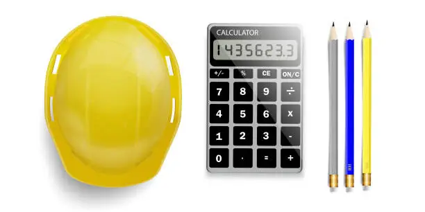 Vector illustration of Realistic yellow safety helmet with calculator and pencils on white background