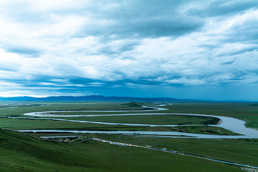 Aerial view of the first bend of the Yellow River while rainstorm coming
