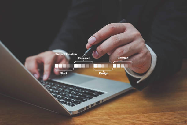istock Businessman sitting by the desk and analyzing project timeline, Project management schedule for business planning. business planning to monitor by project manager who manage the overall schedule. 1695642887
