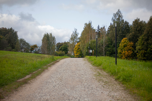 Gravel road in the park. Rural Dirt Road. Unpaved highway. Small stones on a wide path.