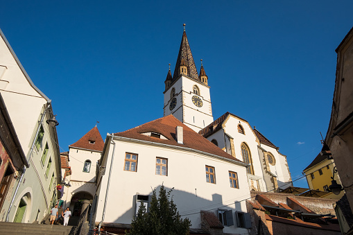 Transylvania, Romania - September 11, 2023: Perspective view of the Sibiu Lutheran Cathedral in the historic city center