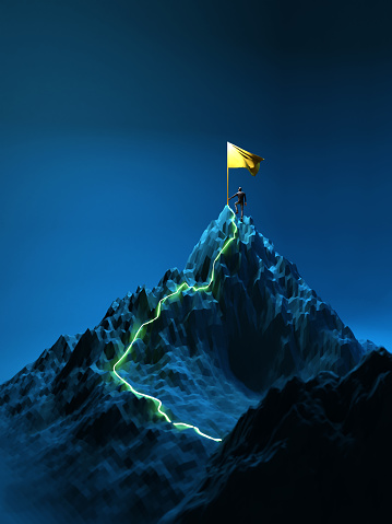 Path to the top of the mountain success concept in digital futuristic style on blue background, 3D render