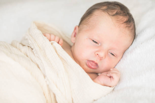 istock Cute baby sleeping 5 days old on light blanket. Banner design with space for text 1695669217