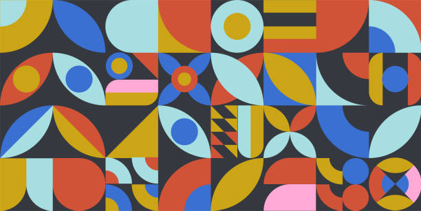 Geometric scandinavian bauhaus seamless pattern art work design on black background with retro colours