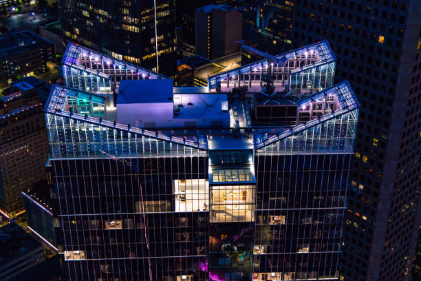 Houston, United States - August 15, 2023:  The unique and beautiful angled glass rooftop of the 47 story Texas Tower located in the 800 block of Texas Avenue in downtown Houston which was completed in late 2021.