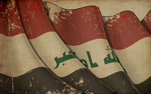Background illustration of an old paper with a print of a waving Flag of Iraq