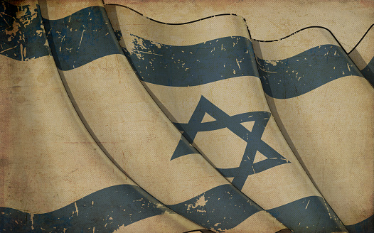 Background illustration of an old paper with a print of a waving Flag of Israel