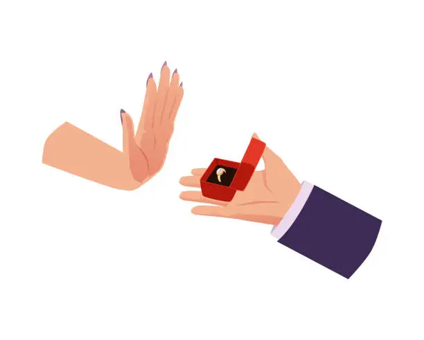 Vector illustration of Men's hand holds an open red box with wedding ring, marriage proposal and get rejected, vector engagement disappointment