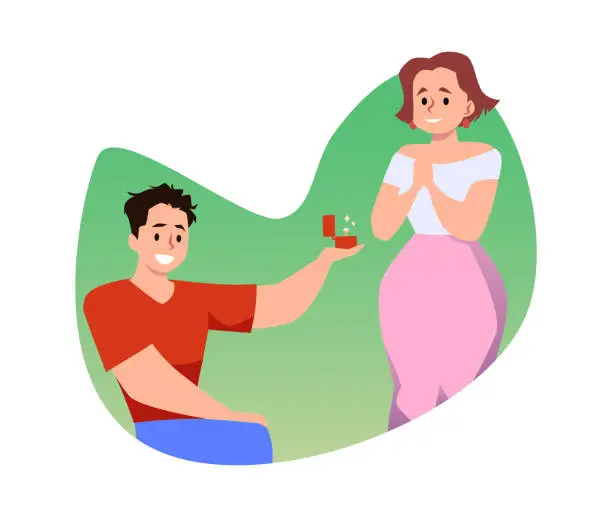 Vector illustration of Young man making marriage proposal to smiling girl flat style, vector illustration