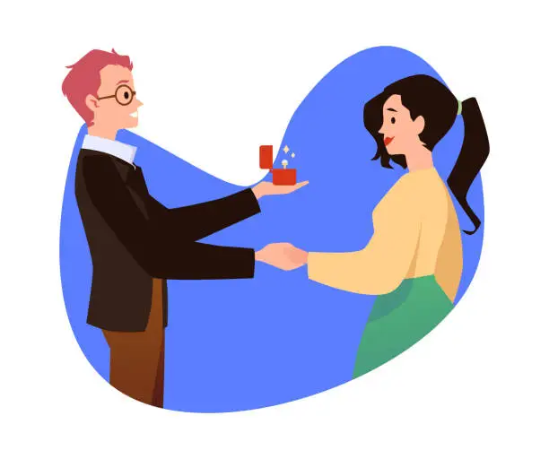 Vector illustration of Marriage proposal surprise, romantic man proposing to beautiful brunette woman with engagement ring, vector cartoon love