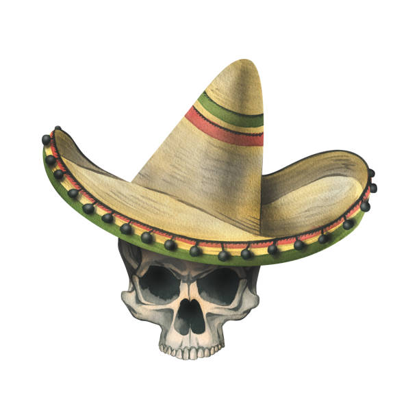 illustrazioni stock, clip art, cartoni animati e icone di tendenza di vista frontale teschio umano che indossa un cappello sombrero. illustrazione ad acquerello disegnata a mano per il giorno dei morti, halloween, dia de los muertos. oggetto isolato su sfondo bianco. - day of the dead skull tattoo mexico