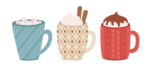 Set of cups with marshmallows, cream, chocolate, cinnamon sticks. Cups with hot drinks. Set of different cups with ornaments. Isolated on white background. Vector illustration.