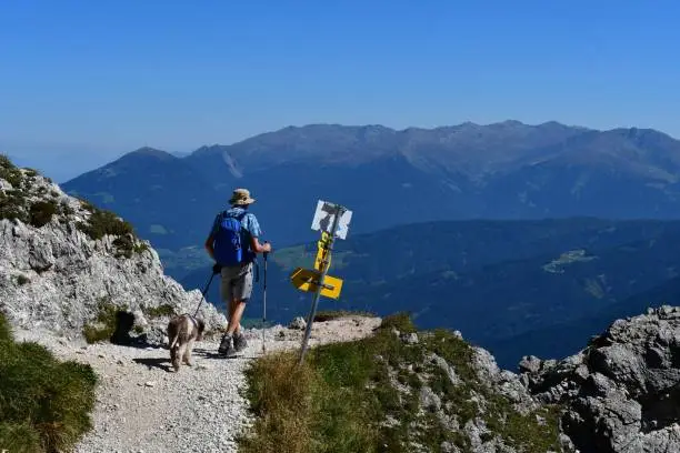 Mann und sein Lagotto Romagnolo Hubd wandern im Stubaital in Tirol