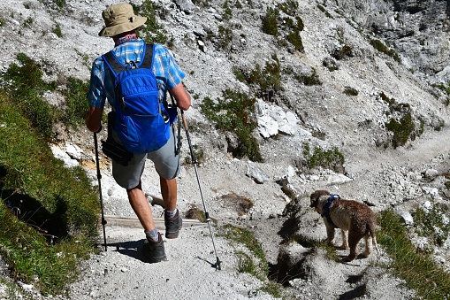 Mann und sein Lagotto Romagnolo Hubd wandern im Stubaital in Tirol