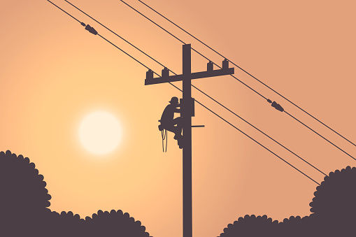 illustration of lineman with electrical installation on the city for electrical service modern vector