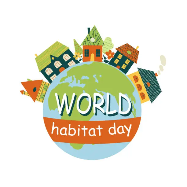 Vector illustration of World Habitat Day 5 October icon logo with towns or city on globe illustration. Vector illustration.