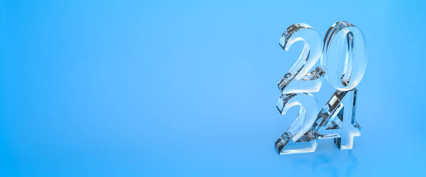 Acrylic digits 2024 on blue background. Happy new year 2024 concept. Web banner format