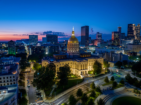 Aerial twilight photo of the Georgia Capitol Building Atlanta blue hour twilight