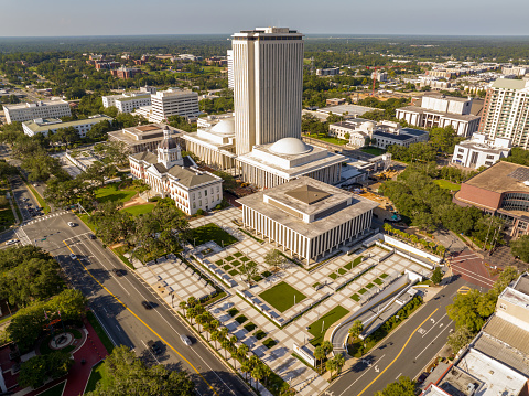 Aerial drone photo of the Florida State Capitol Building and museum circa 2023