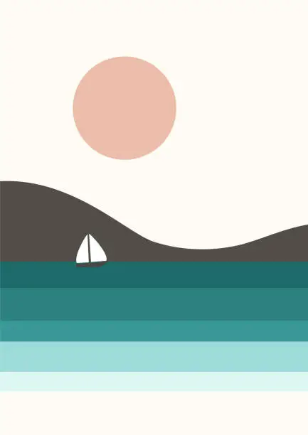 Vector illustration of Minimalist sea landscape and ship nursery illustration poster