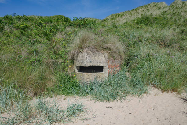 eine pillendose am strand von low newton, northumberland - miltary stock-fotos und bilder