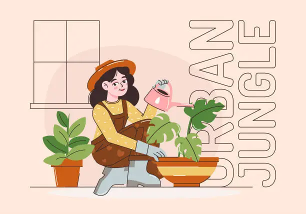 Vector illustration of A young woman is watering indoor plants. Growing flowers or herbs in pots and taking care of them. The concept of gardening. flat vector illustration.