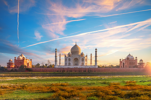 Famous Taj Mahal, panoramic view from Mehtab Bagh, India, Agra, Uttar Pradesh.