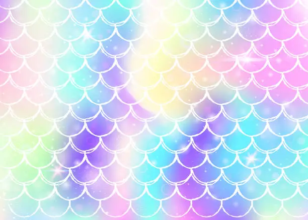 Vector illustration of Rainbow scales background with kawaii mermaid princess pattern.