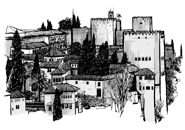 Vector illustration of Black and white drawing of Granada in Spain