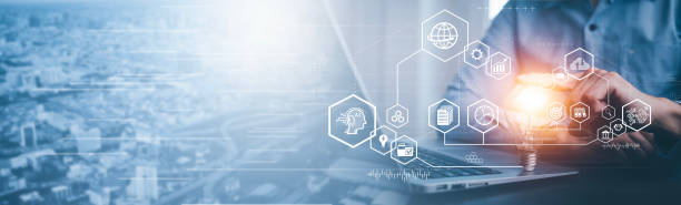 istock Businessman holding glowing light bulb with AI Data Management System on the computer, Hands working on a laptop cloud network graphic overlay, connected to the database. Corporate strategy finance 1695903690
